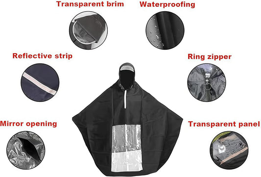 Black AeroShield mobility scooter poncho with close-ups of the transparent brim, waterproof fabric, reflective strip, ring zip, mirror opening and clear front panel.