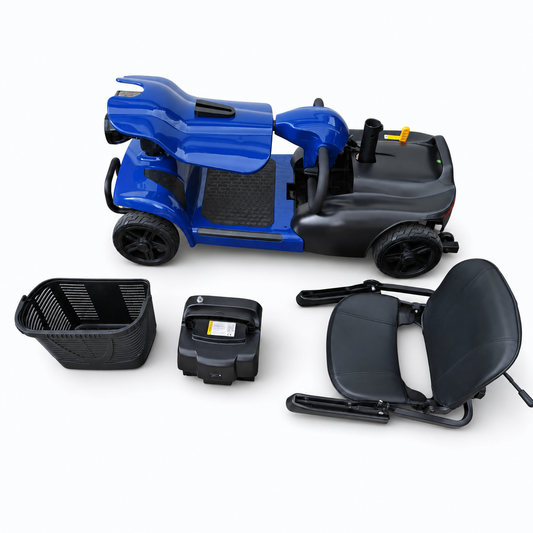 Blue Newbi Move QuadPack mobility scooter dismantled into four parts for easier car transport