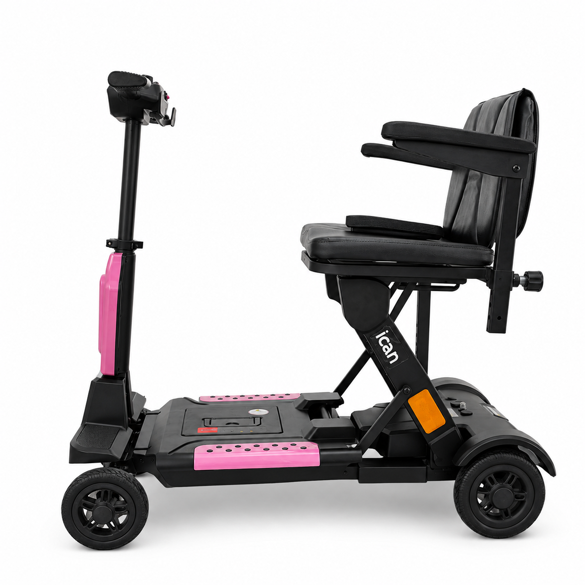 Pink Auto Swift automatic-folding mobility scooter shown from the side