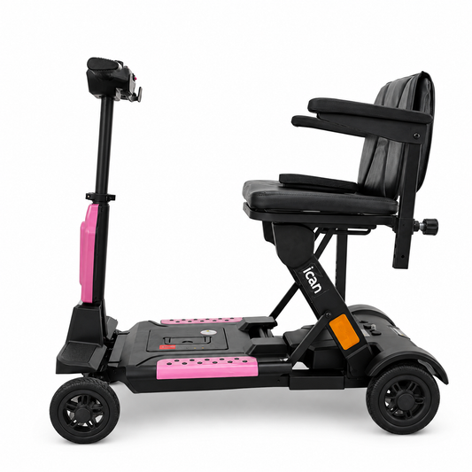 Pink Auto Swift automatic-folding mobility scooter shown from the side