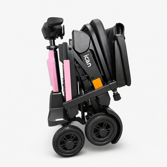 Pink Auto Swift automatic-folding mobility scooter shown from the side