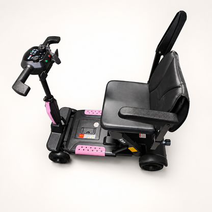 Pink Auto Swift automatic-folding mobility scooter shown from the side