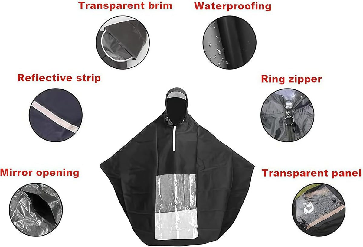 Black AeroShield mobility scooter poncho with close-ups of the transparent brim, waterproof fabric, reflective strip, ring zip, mirror opening and clear front panel.