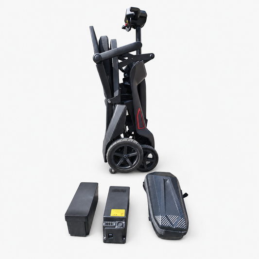 Grey AeroGlide mobility scooter folded upright beside two removable batteries and its front storage bag.