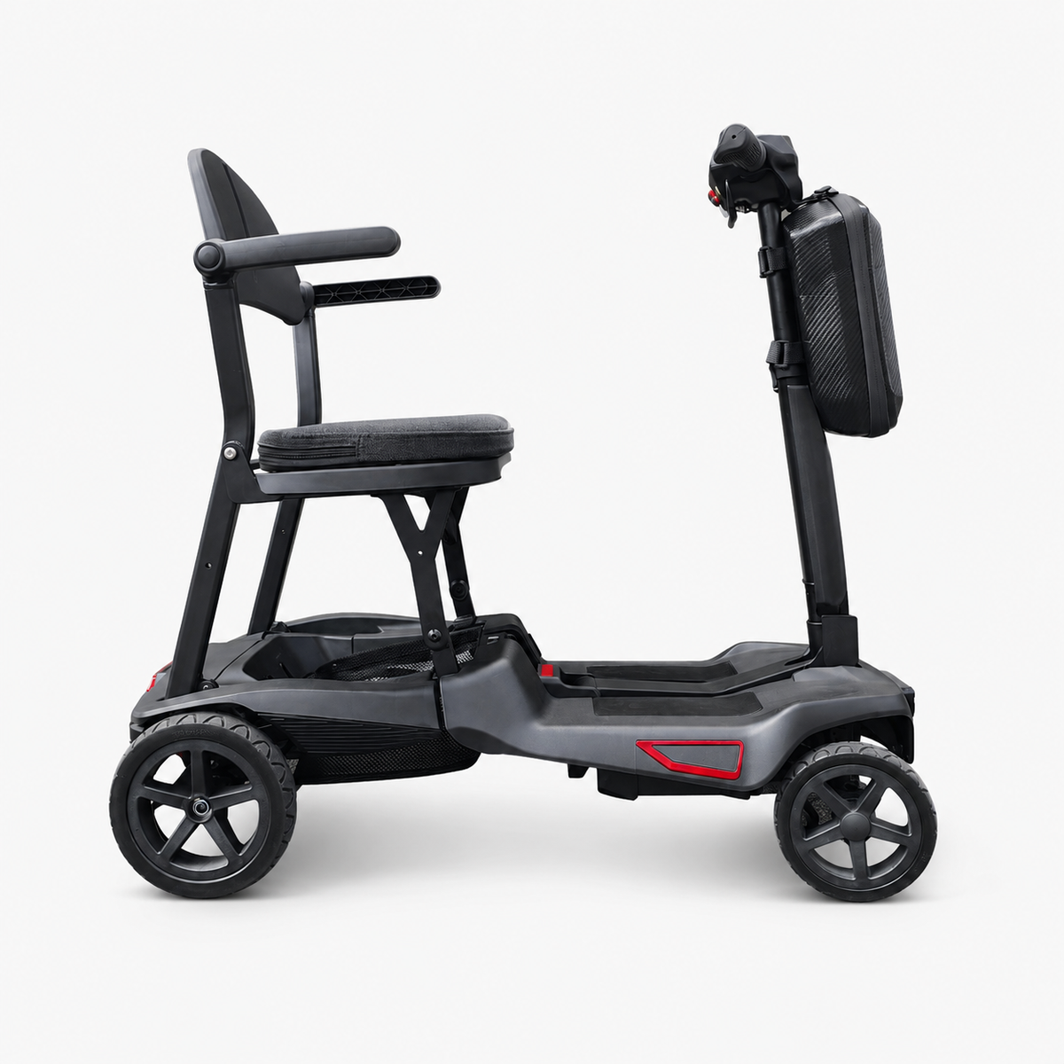 Grey AeroGlide folding mobility scooter shown from the side, with padded seat, armrests and front storage bag.