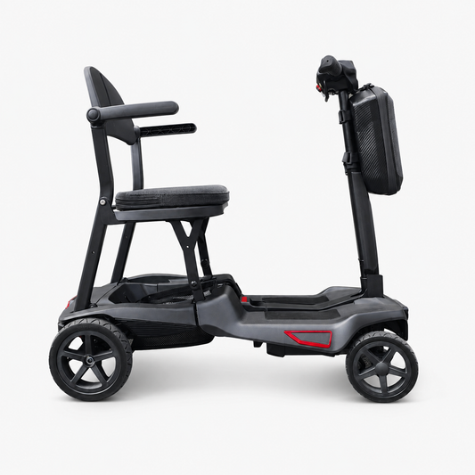 Grey AeroGlide folding mobility scooter shown from the side, with padded seat, armrests and front storage bag.