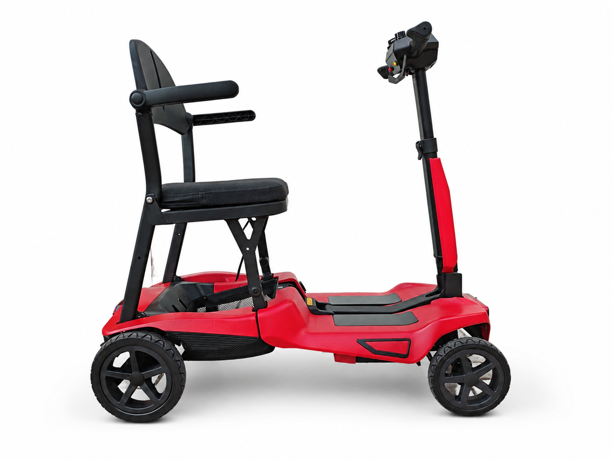 Red AeroGlide folding mobility scooter with the seat raised and steering column extended.