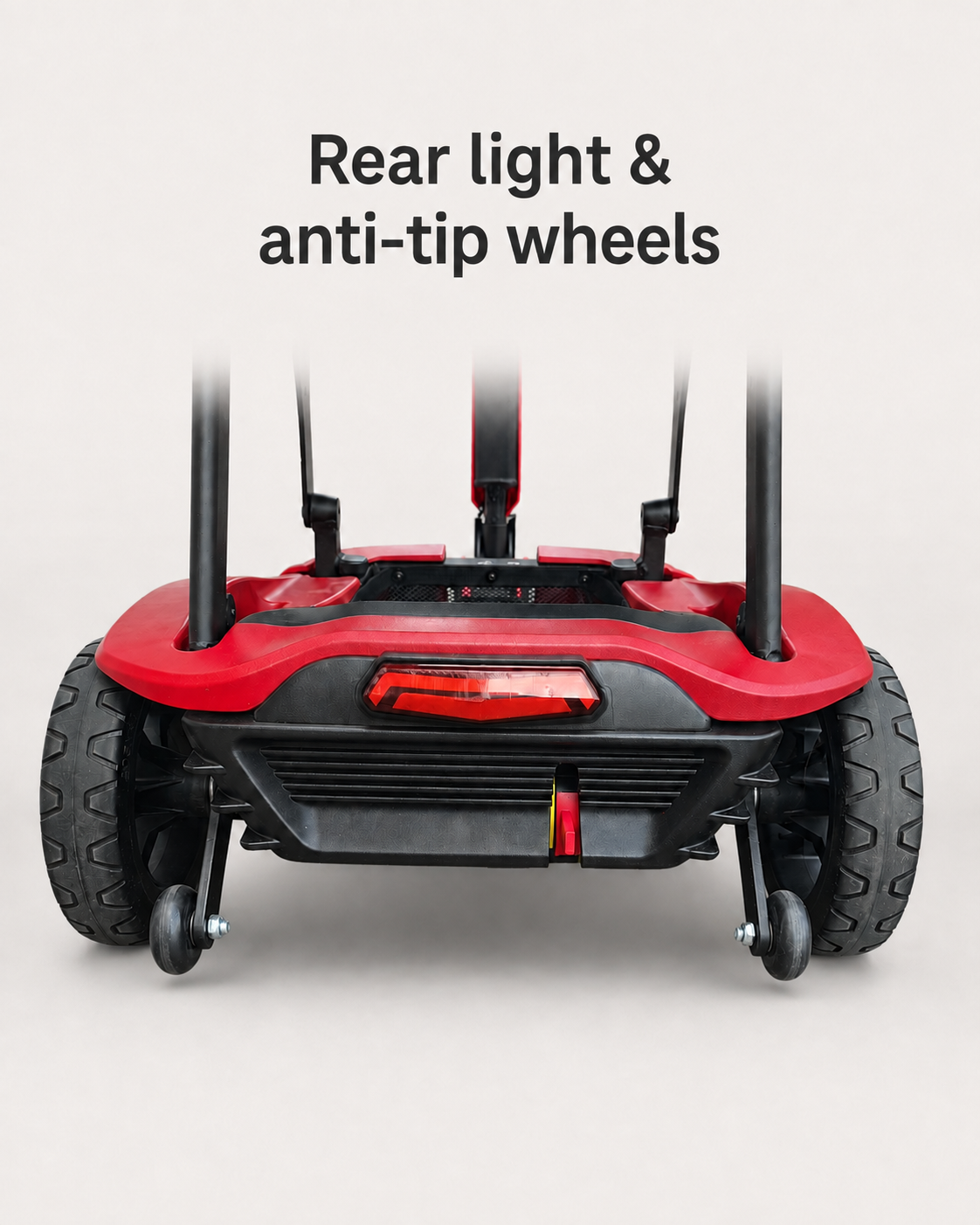 Rear view of the red AeroGlide mobility scooter showing the rear light and two small anti-tip wheels.