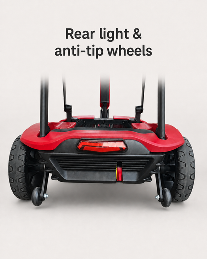 Rear view of the red AeroGlide mobility scooter showing the rear light and two small anti-tip wheels.