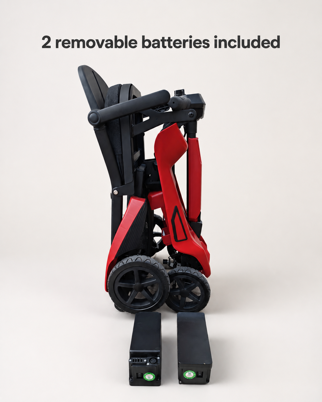 Red AeroGlide mobility scooter folded upright with two removable battery packs positioned in front.