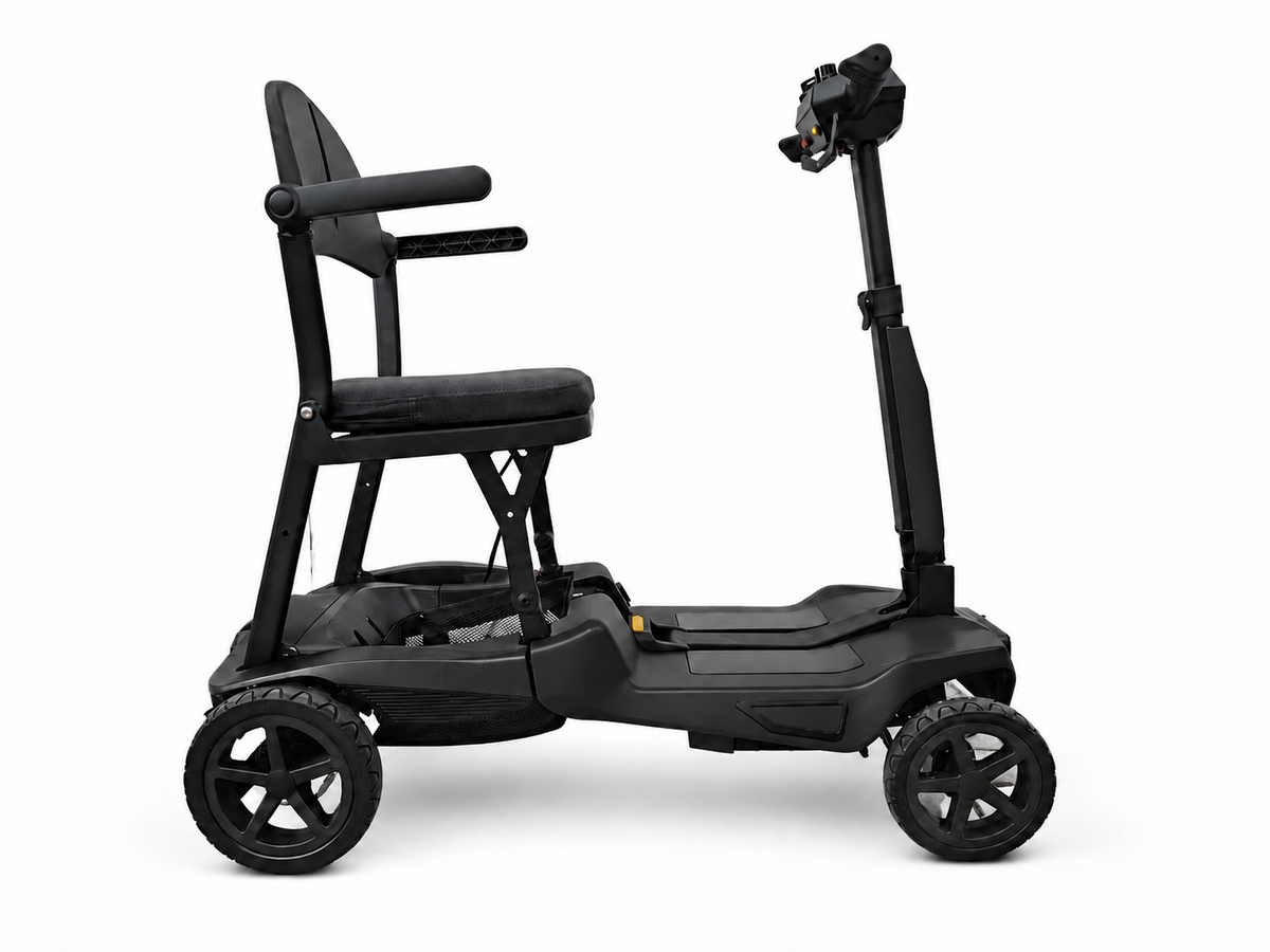 Side view of the black AeroGlide folding mobility scooter, with padded seat, armrests and front LED light.