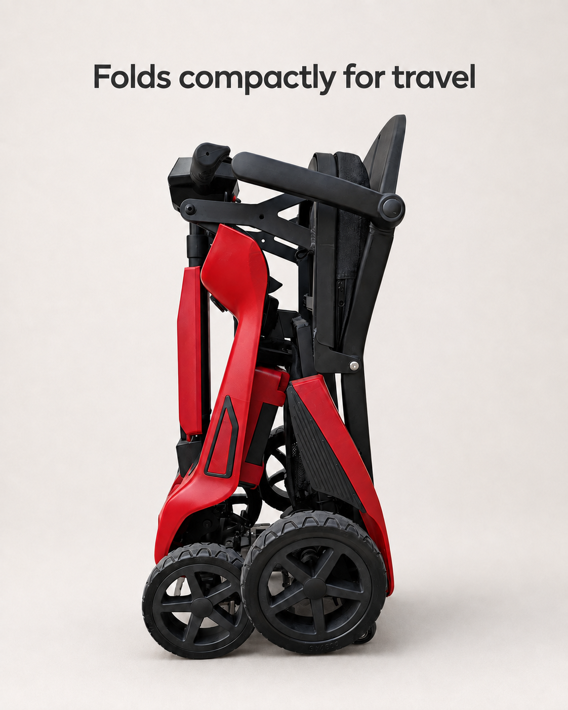 Red AeroGlide mobility scooter folded upright, with its seat and steering column tucked against the frame.
