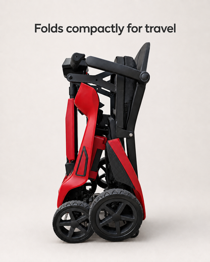 Red AeroGlide mobility scooter folded upright, with its seat and steering column tucked against the frame.