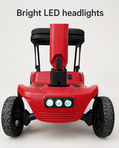 Front view of the red AeroGlide mobility scooter with three LED headlights illuminated.
