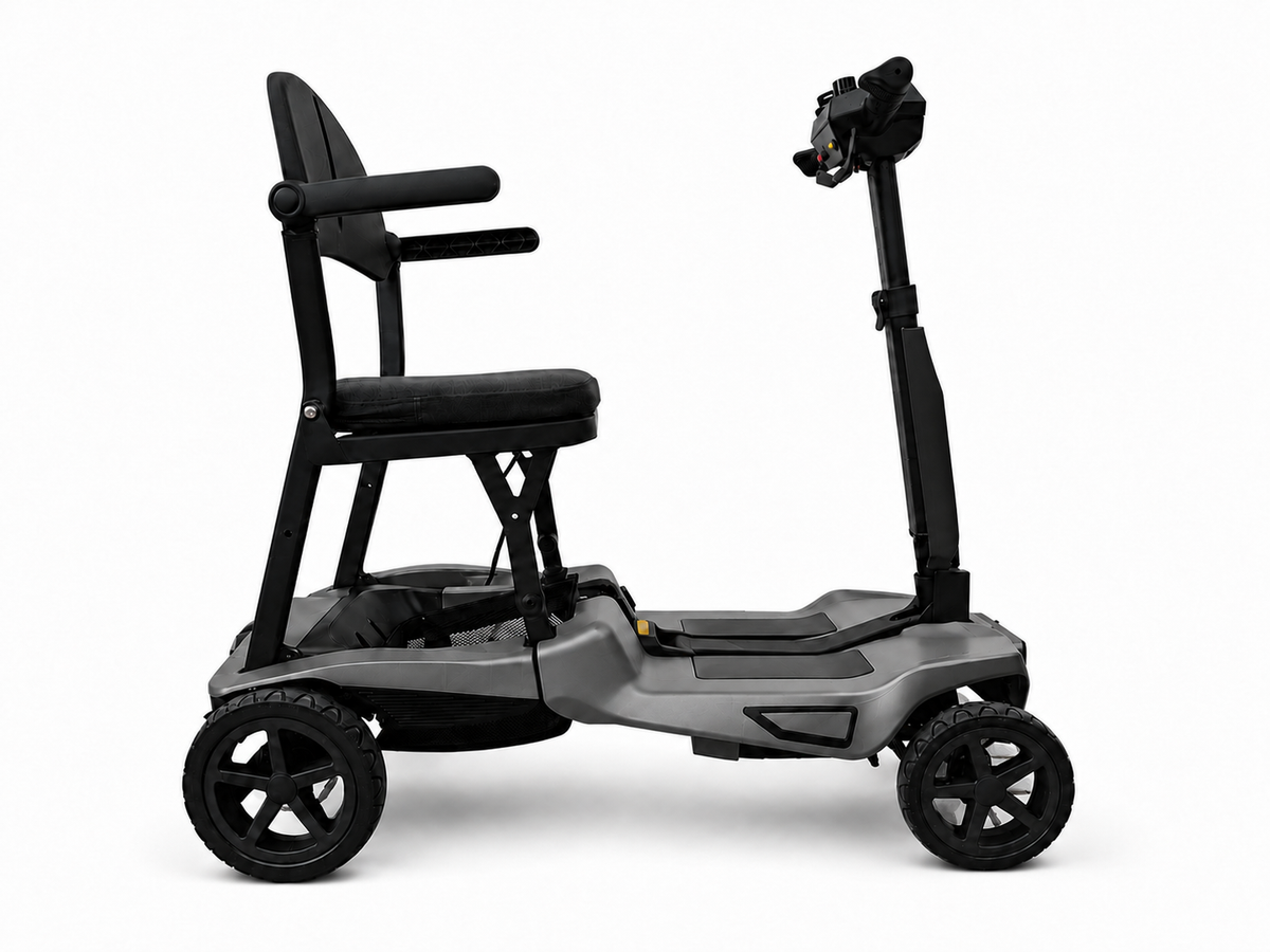 Side view of the grey AeroGlide folding mobility scooter with black padded seat, armrests and four wheels.