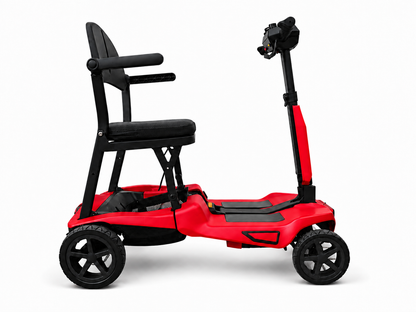 Side profile of the red AeroGlide folding mobility scooter with black padded seat, backrest and armrests.