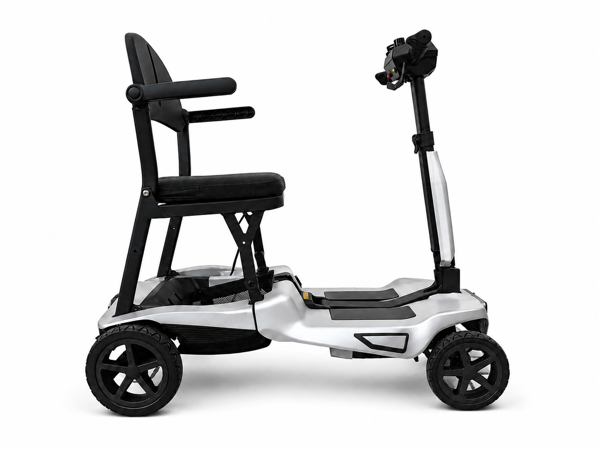 Silver AeroGlide folding mobility scooter shown from the side, with black padded seat and armrests.