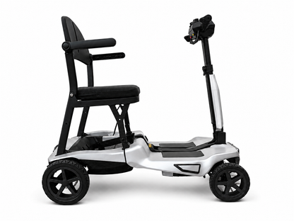 Silver AeroGlide folding mobility scooter shown from the side, with black padded seat and armrests.