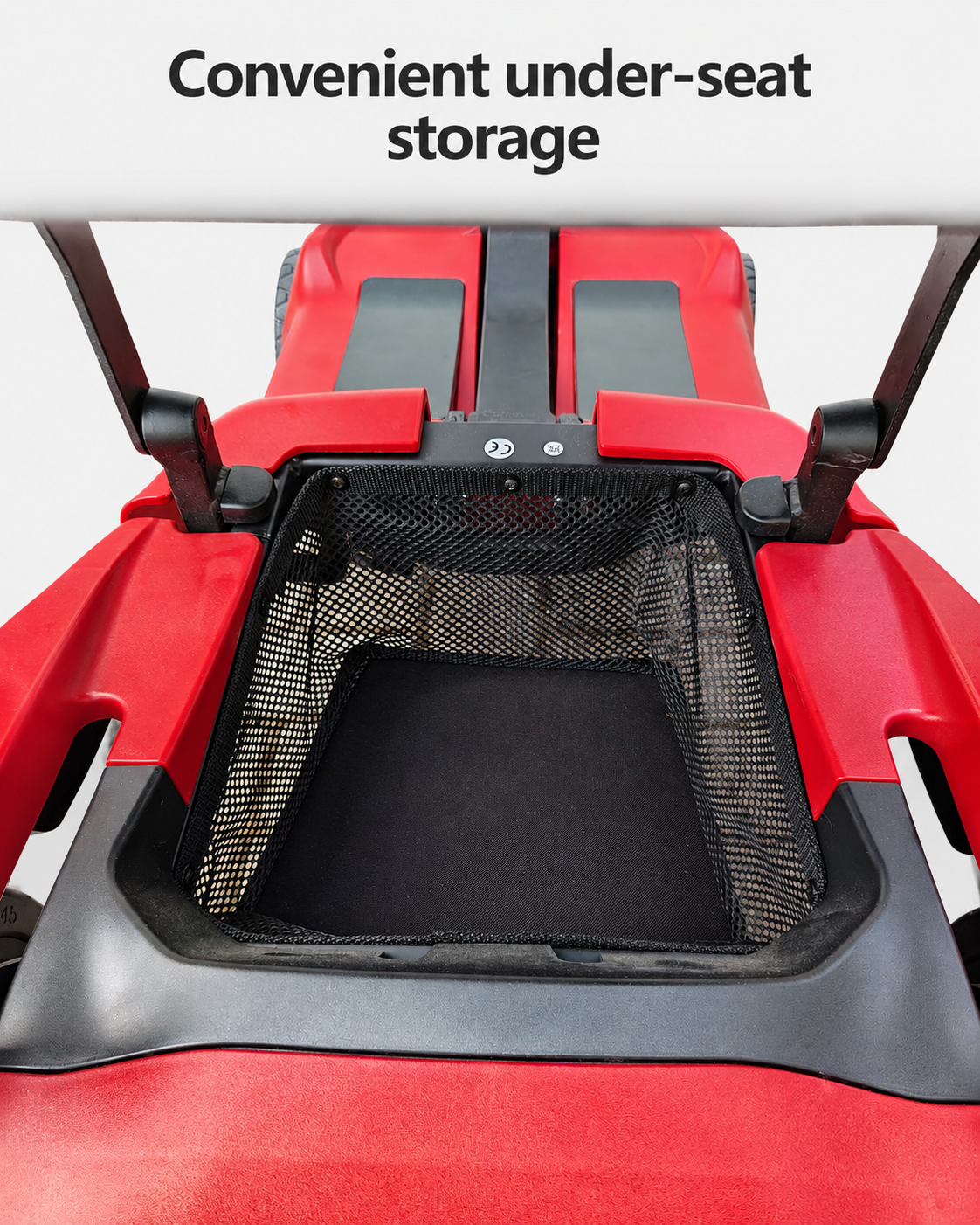 Close-up of the mesh storage basket beneath the seat of the red AeroGlide mobility scooter.
