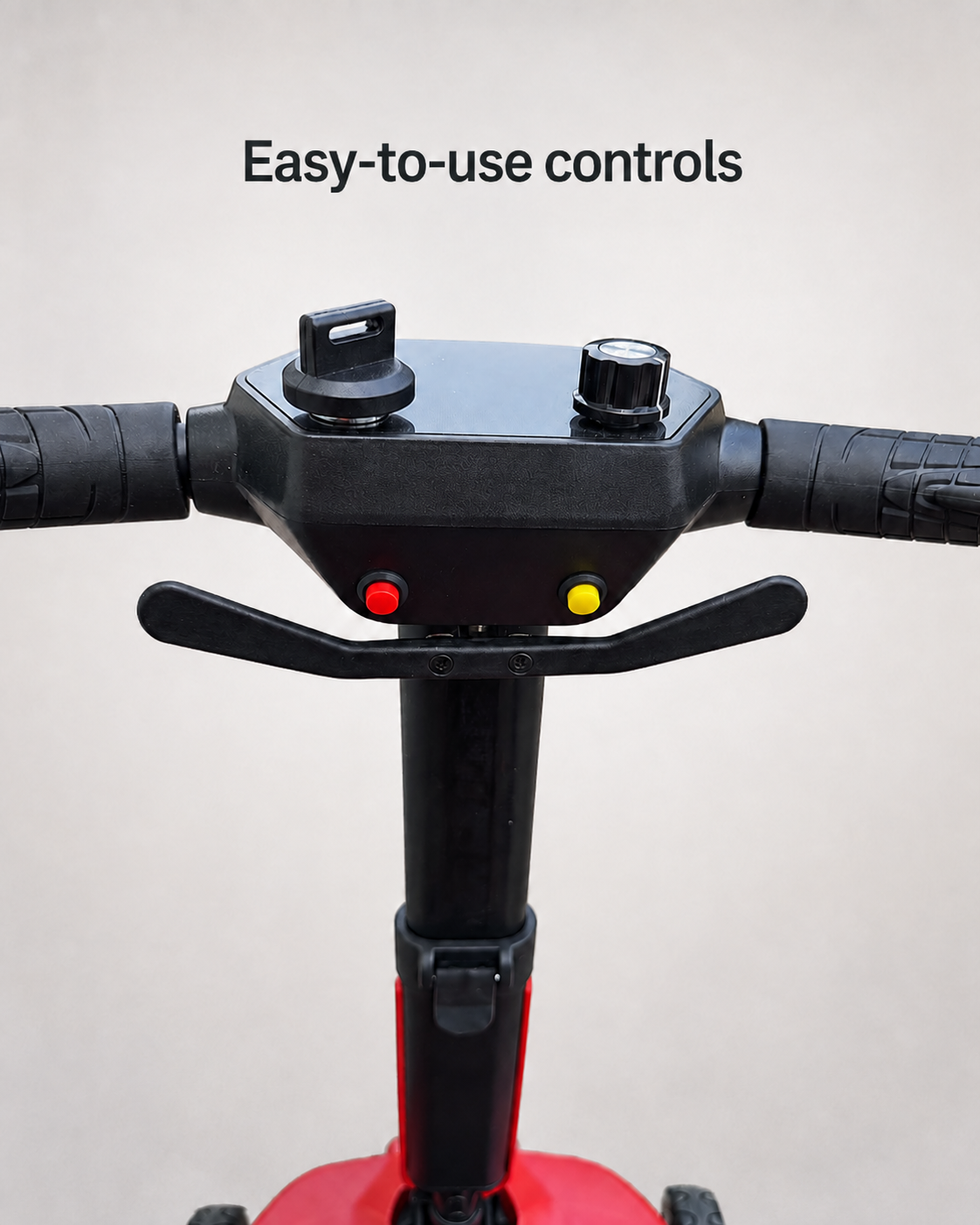 AeroGlide handlebar controls showing the ignition key, speed dial, red and yellow buttons, and control lever.