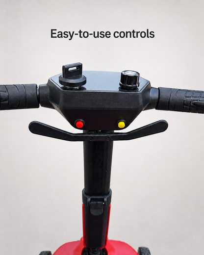 AeroGlide handlebar controls showing the ignition key, speed dial, red and yellow buttons, and control lever.