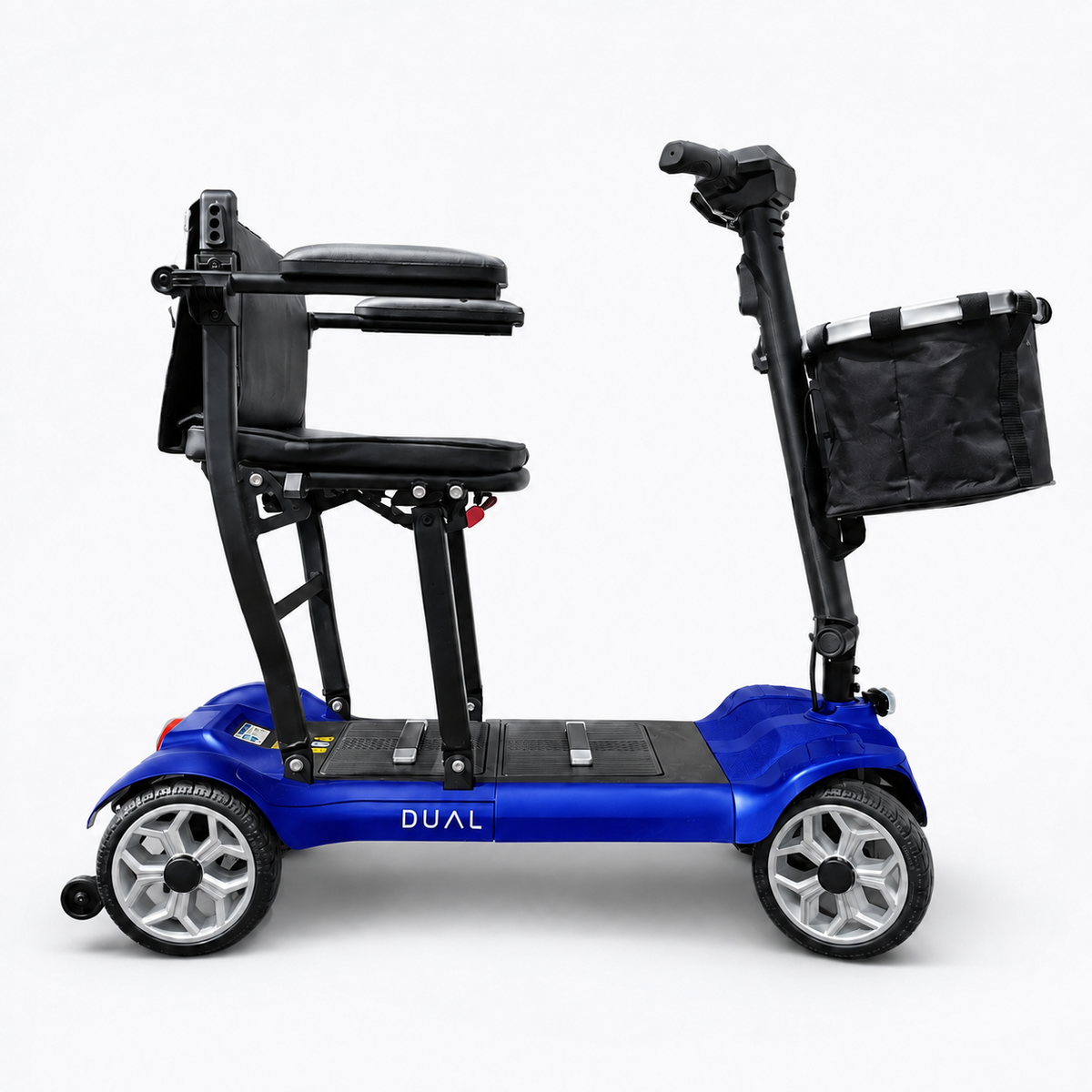 Blue Newbi Move AeroDual folding mobility scooter shown side-on against a white background.
