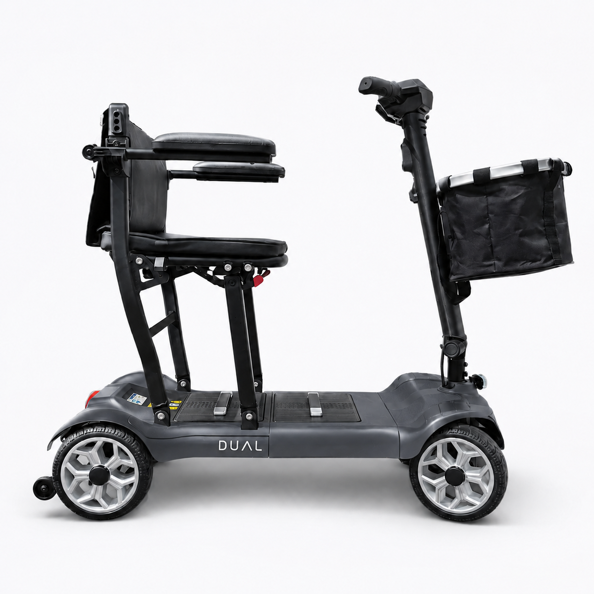 Graphite grey Newbi Move AeroDual folding mobility scooter shown side-on against a white background.