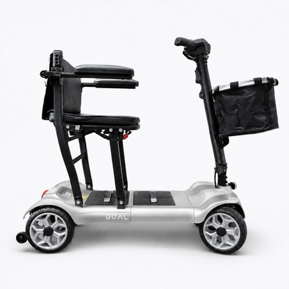 Silver Newbi Move AeroDual folding mobility scooter shown side-on against a white background.