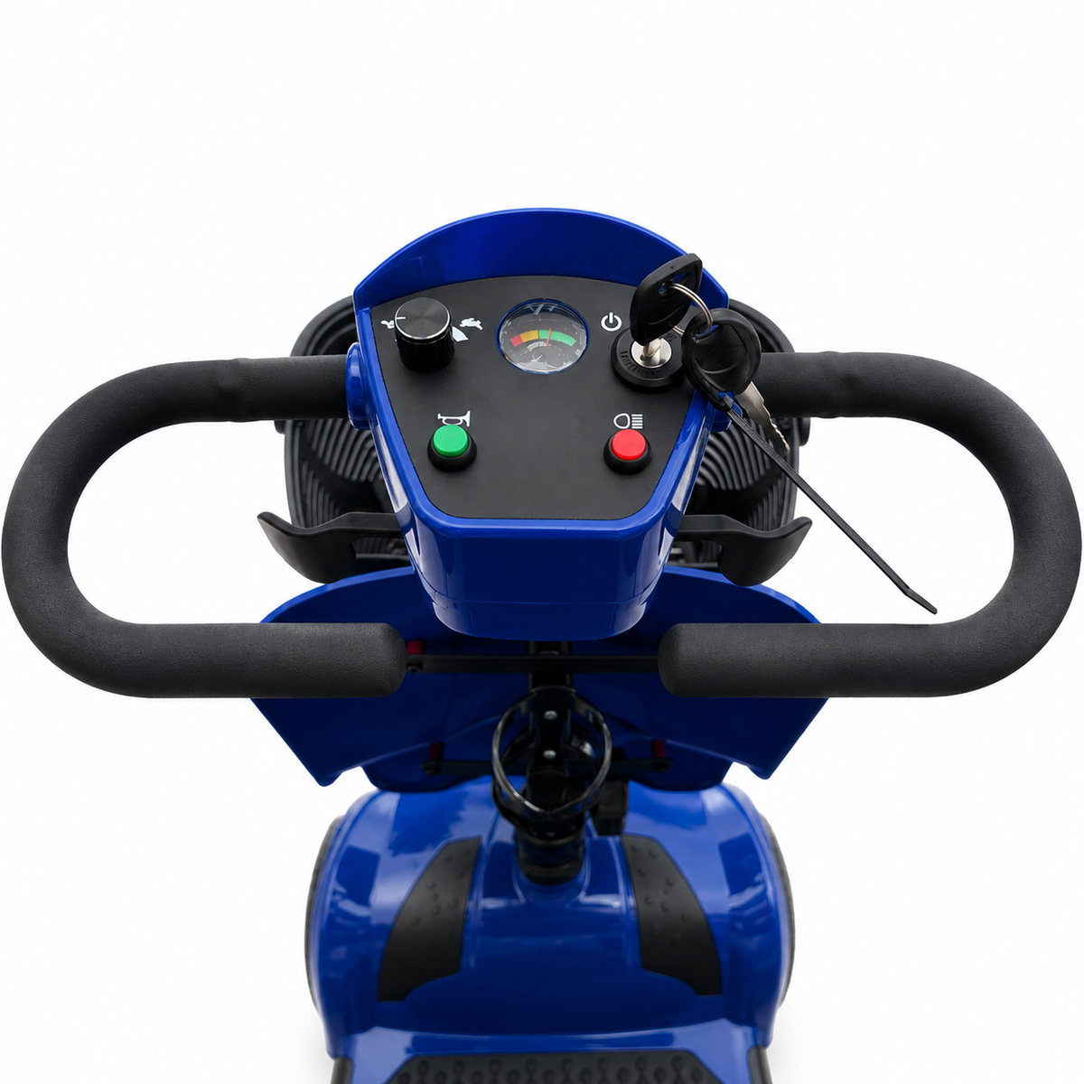Close-up of the Newbi Move QuadPack’s easy-to-use handlebar controls, battery gauge and key ignition