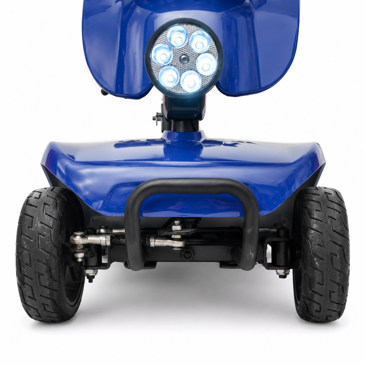 Close-up of the Newbi Move QuadPack LED front light and solid puncture-proof tyres