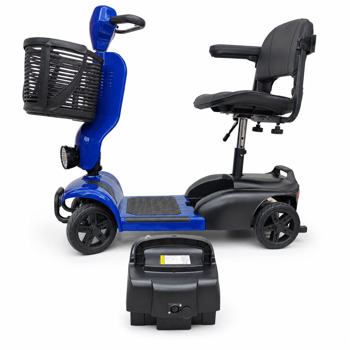 Removable battery pack shown with the Newbi Move QuadPack mobility scooter