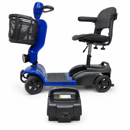 Removable battery pack shown with the Newbi Move QuadPack mobility scooter