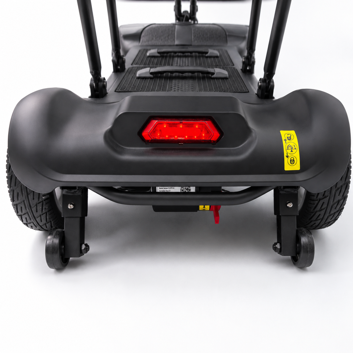 Rear view of the Newbi Move AeroDual folding mobility scooter with LED rear light and anti-tip wheels.